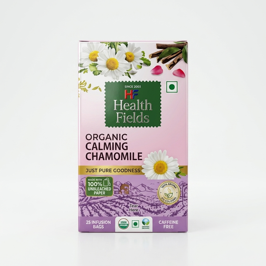 Health Fields Organic Calming Chamomile tea packaging on a white background