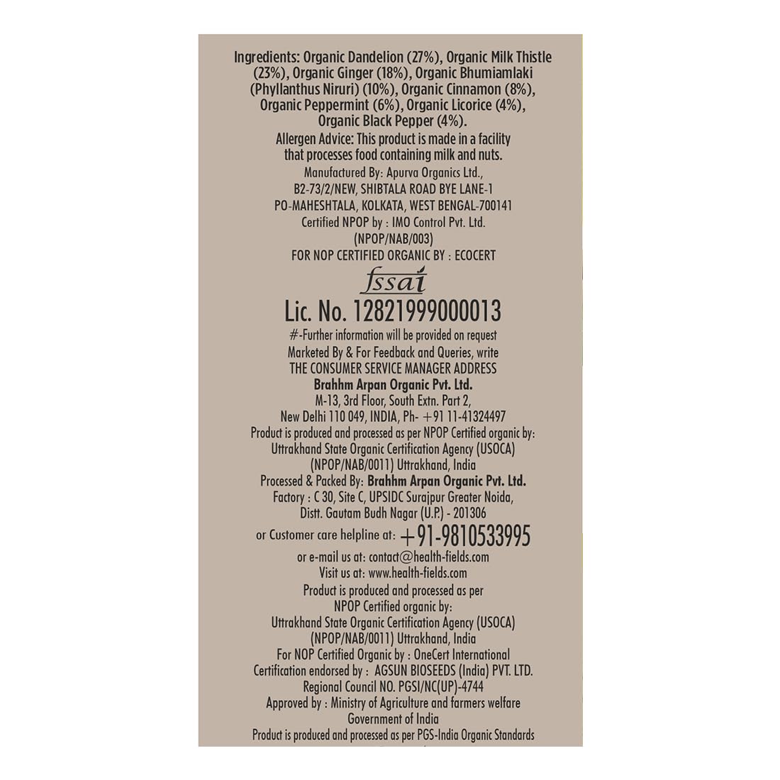 HealthFields Organic Liv Detox (Milk Thistle & Dandelion) Infusion Herbal Tea | Caffeine Free | 25 Tea Bags