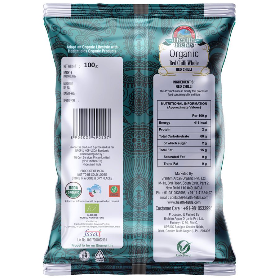 Organic Red Chilli Whole | Sabut Lal Mirch - 100 Gm