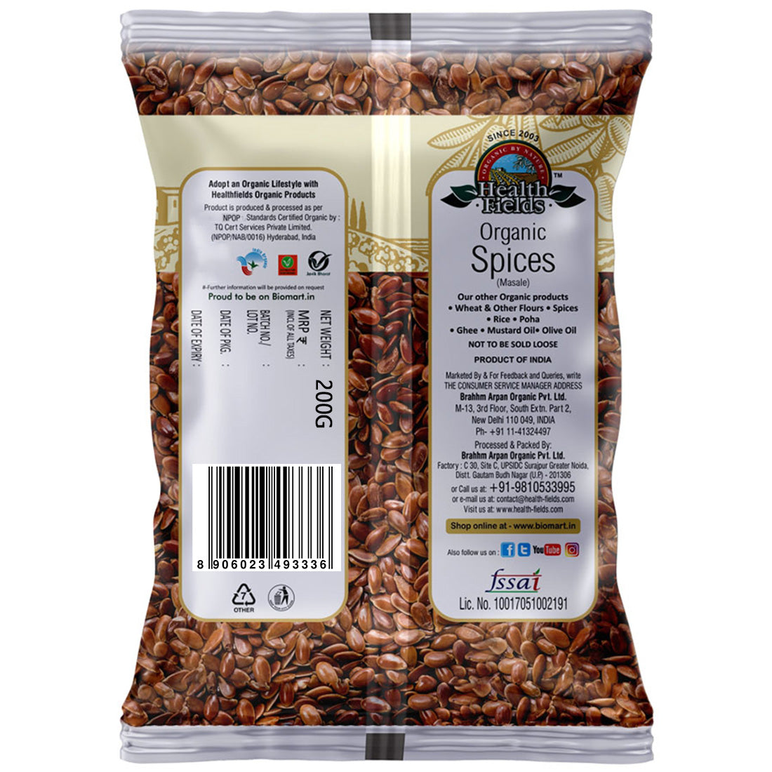 HealthFields Organic Rozana Flax Seeds (ORGANIC FLAX SEED) 200Gm