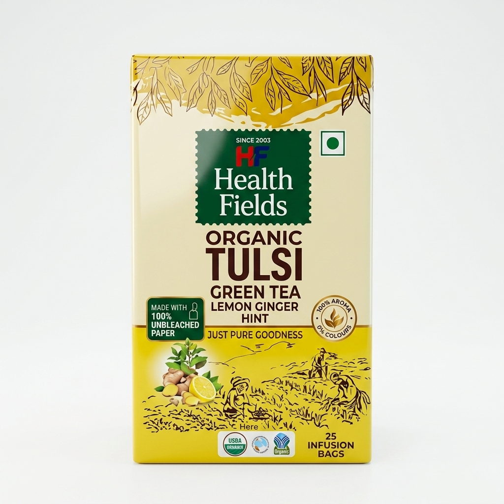 HealthFields wellness Tulsi Green Tea Lemon Ginger Hint | 25 Tea Bags