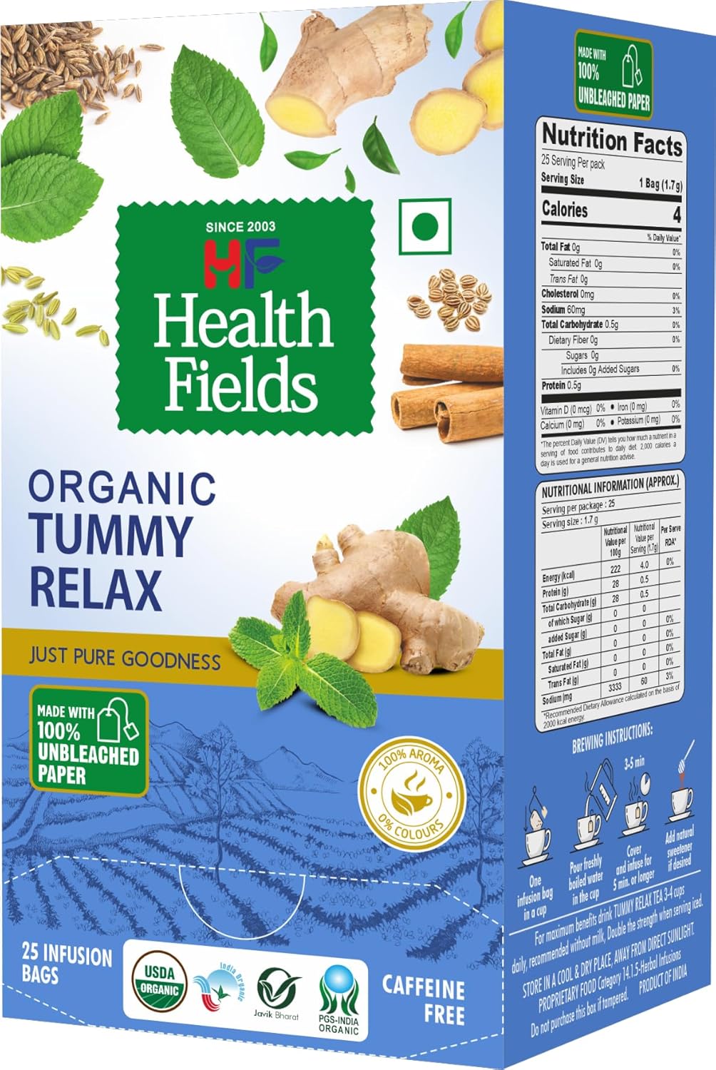 HealthFields Organic Tummy Relax | Herbal Infusion Tea | 25 Tea Bags
