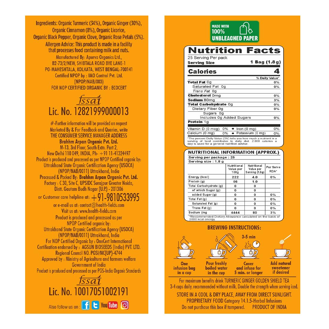 HealthFields Wellness Organic Turmeric Ginger Wellness Guard | 25 Infusion Bags